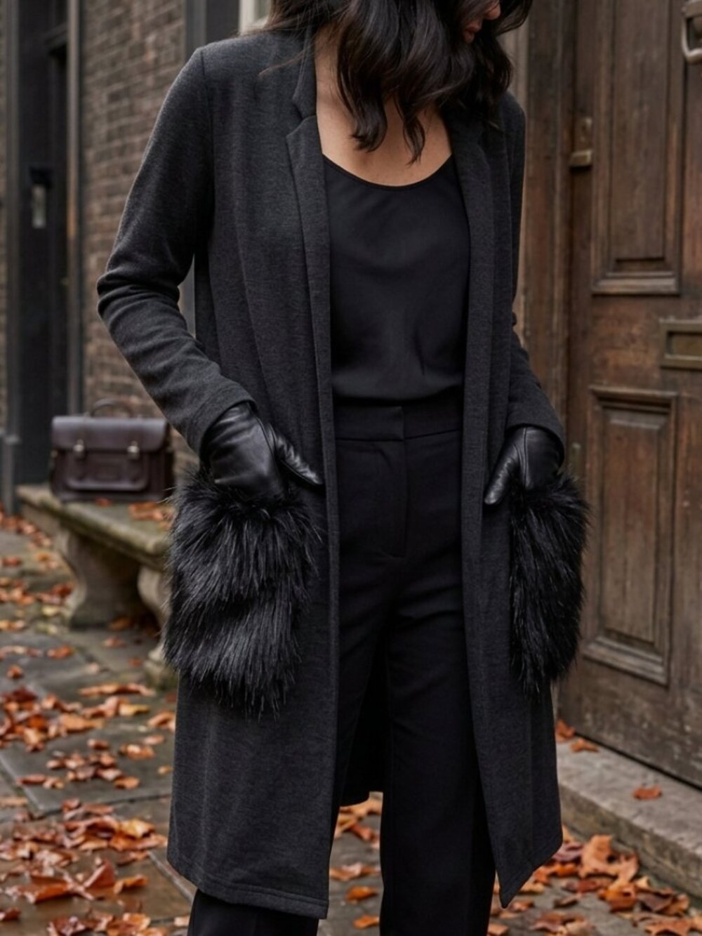 Joseph Ribkoff Faux Fur Pocket Duster Coat Jacket Charcoal Gray Mobwife 183333